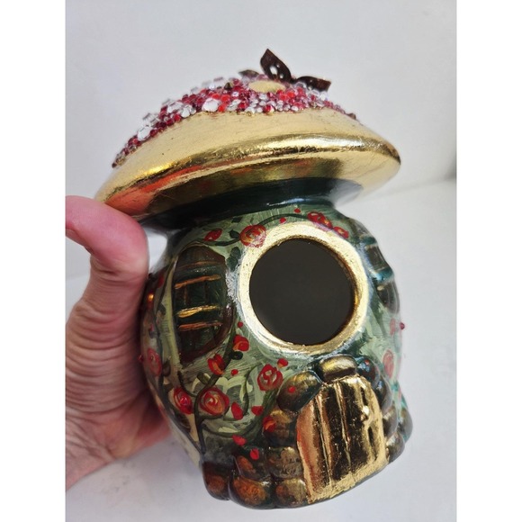 Hand Painted Folk Mushroom Fairy Garden Bling Rose Flowers Ceramic Bird House - Picture 8 of 8